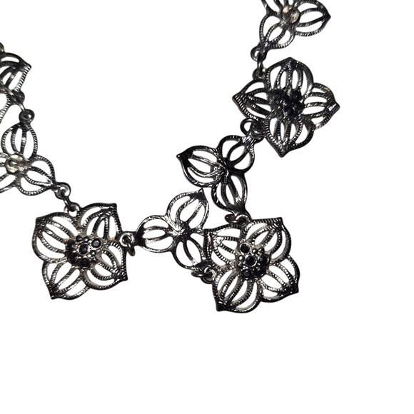 Black Floral Necklace Black and Clear Faux Gems Dark Chain Whimsigoth Witchy - Picture 3 of 3